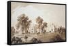 View of the Farm House with Screen to Stables and Farm Buildings to Sezincote House-John Martin-Framed Stretched Canvas