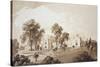 View of the Farm House with Screen to Stables and Farm Buildings to Sezincote House-John Martin-Stretched Canvas