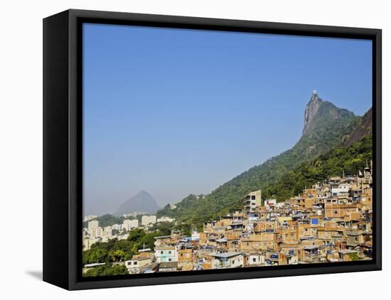 View of the Favela Santa Marta with Corcovado and the Christ statue behind, Rio de Janeiro, Brazil,-Karol Kozlowski-Framed Stretched Canvas