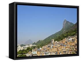 View of the Favela Santa Marta with Corcovado and the Christ statue behind, Rio de Janeiro, Brazil,-Karol Kozlowski-Framed Stretched Canvas