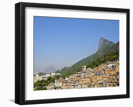View of the Favela Santa Marta with Corcovado and the Christ statue behind, Rio de Janeiro, Brazil,-Karol Kozlowski-Framed Photographic Print
