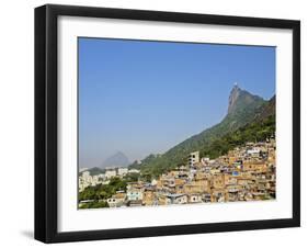 View of the Favela Santa Marta with Corcovado and the Christ statue behind, Rio de Janeiro, Brazil,-Karol Kozlowski-Framed Photographic Print