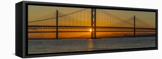 View of the Forth Road Bridge and Queensferry Crossing over the Firth of Forth at sunset-Frank Fell-Framed Stretched Canvas