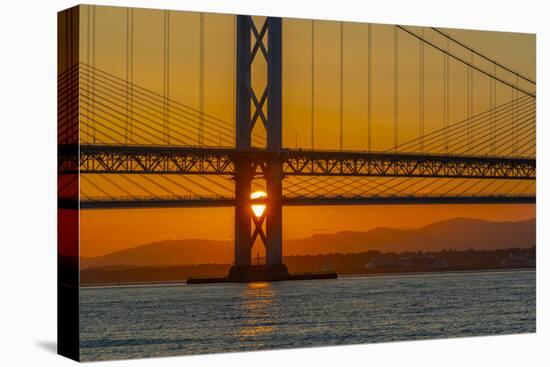 View of the Forth Road Bridge and Queensferry Crossing over the Firth of Forth at sunset-Frank Fell-Stretched Canvas