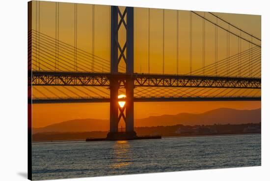 View of the Forth Road Bridge and Queensferry Crossing over the Firth of Forth at sunset-Frank Fell-Stretched Canvas