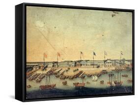 View of the Hongs at Canton with Danish, Austrian, American, Swedish, British and Dutch Factories-null-Framed Stretched Canvas