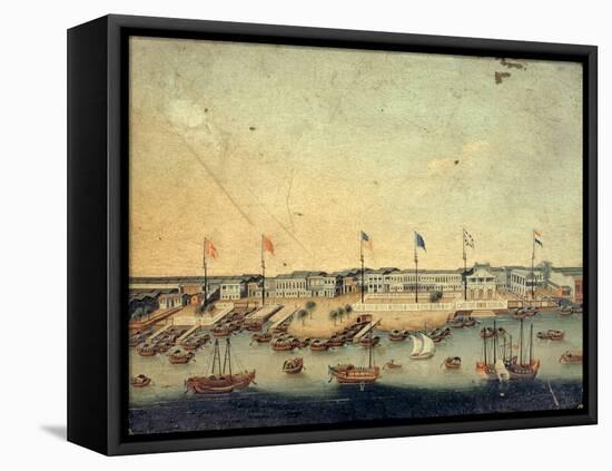 View of the Hongs at Canton with Danish, Austrian, American, Swedish, British and Dutch Factories-null-Framed Stretched Canvas
