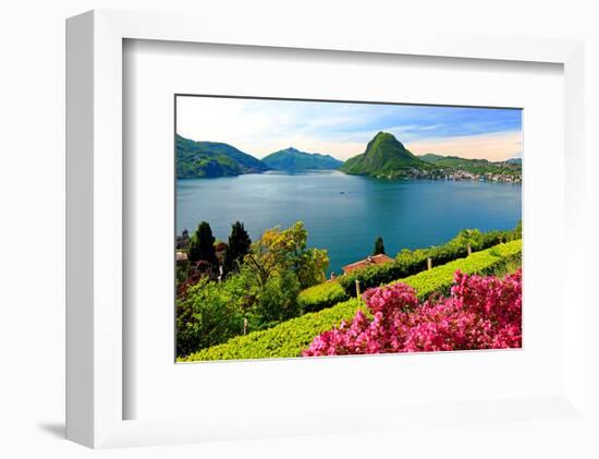 View of the Lake with Monte San Salvatore Mountain and the District of Paradiso, City of Lugano-null-Framed Art Print