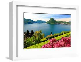 View of the Lake with Monte San Salvatore Mountain and the District of Paradiso, City of Lugano-null-Framed Art Print