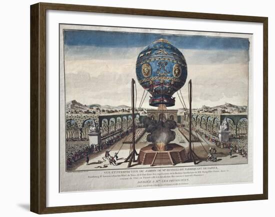 View of the Montgolfier Brothers' Balloon Experiment in the Garden of M. Reveillon-Claude Louis Desrais-Framed Giclee Print