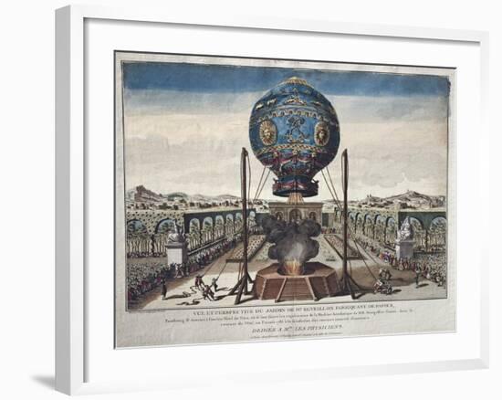 View of the Montgolfier Brothers' Balloon Experiment in the Garden of M. Reveillon-Claude Louis Desrais-Framed Giclee Print