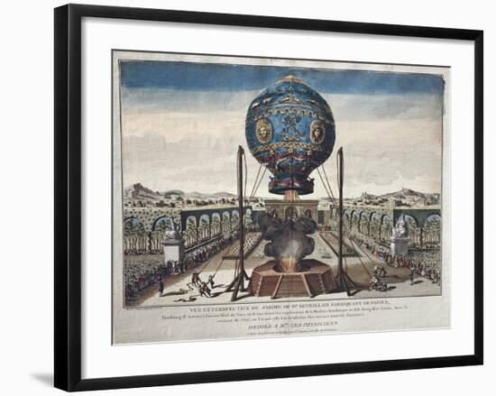 View of the Montgolfier Brothers' Balloon Experiment in the Garden of M. Reveillon-Claude Louis Desrais-Framed Giclee Print