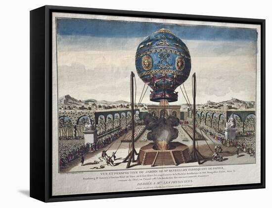 View of the Montgolfier Brothers' Balloon Experiment in the Garden of M. Reveillon-Claude Louis Desrais-Framed Stretched Canvas