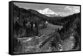 View of the Mountain, Valley, and Train - Mt. Shasta, CA-Lantern Press-Framed Stretched Canvas