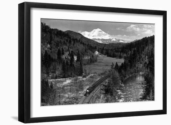 View of the Mountain, Valley, and Train - Mt. Shasta, CA-Lantern Press-Framed Art Print