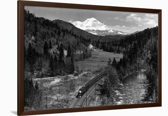View of the Mountain, Valley, and Train - Mt. Shasta, CA-Lantern Press-Framed Art Print