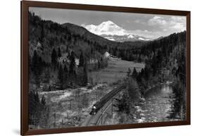 View of the Mountain, Valley, and Train - Mt. Shasta, CA-Lantern Press-Framed Art Print