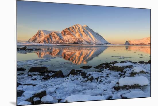 View of the Mountains of Gymsoya (Gimsoya) from Smorten Reflected in the Clear Partially Frozen Sea-Roberto Moiola-Mounted Photographic Print