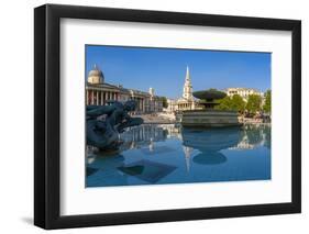 View of The National Gallery, St. Martins-in-the-Fields church and fountains in Trafalgar Square-Frank Fell-Framed Premium Photographic Print