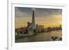 View of The Shard, HMS Belfast and River Thames from Cheval Three Quays at sunset, London, England-Frank Fell-Framed Photographic Print