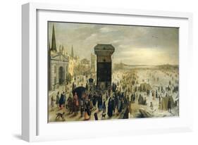 View of the Skaters on the Frozen River Scheldt in Antwerp Cranes Main-Sebastiaan Vrancx-Framed Art Print