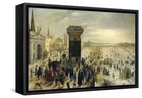 View of the Skaters on the Frozen River Scheldt in Antwerp Cranes Main-Sebastiaan Vrancx-Framed Stretched Canvas