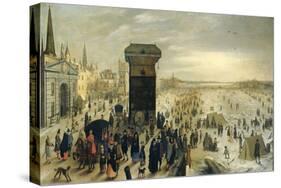 View of the Skaters on the Frozen River Scheldt in Antwerp Cranes Main-Sebastiaan Vrancx-Stretched Canvas