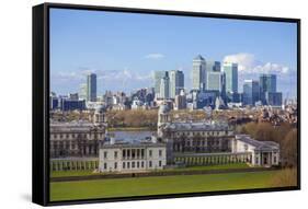 View of the The Old Royal Naval College and Canary Wharf, Taken from Greenwich Park, London-Charlie Harding-Framed Stretched Canvas