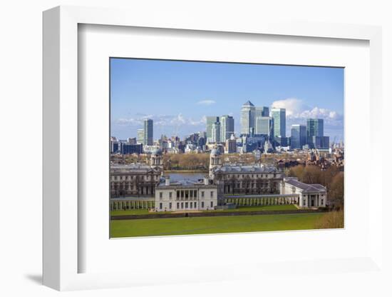 View of the The Old Royal Naval College and Canary Wharf, Taken from Greenwich Park, London-Charlie Harding-Framed Photographic Print