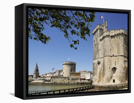 View of the Three Towers at the Entrance to Vieux Port, La Rochelle, Charente-Maritime-Peter Richardson-Framed Stretched Canvas