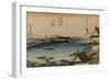 View of the Toyo River, Where a Long Bridge Stretches-Utagawa Hiroshige-Framed Art Print