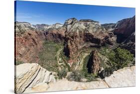 View of the valley floor from Angel's Landing Trail in Zion National Park, Utah, United States of A-Michael Nolan-Stretched Canvas