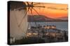 View of the windmills and town from elevated position at dusk-Frank Fell-Stretched Canvas