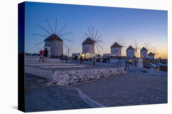 View of the windmills in Mykonos Town at dusk, Mykonos, Cyclades Islands, Aegean Sea-Frank Fell-Stretched Canvas