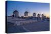 View of the windmills in Mykonos Town at dusk, Mykonos, Cyclades Islands, Aegean Sea-Frank Fell-Stretched Canvas