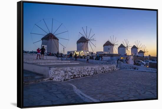 View of the windmills in Mykonos Town at dusk, Mykonos, Cyclades Islands, Aegean Sea-Frank Fell-Framed Stretched Canvas