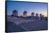 View of the windmills in Mykonos Town at dusk, Mykonos, Cyclades Islands, Aegean Sea-Frank Fell-Framed Stretched Canvas