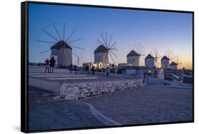 View of the windmills in Mykonos Town at dusk, Mykonos, Cyclades Islands, Aegean Sea-Frank Fell-Framed Stretched Canvas