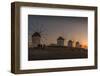 View of the windmills in Mykonos Town at sunset, Mykonos, Cyclades Islands, Aegean Sea-Frank Fell-Framed Photographic Print