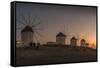 View of the windmills in Mykonos Town at sunset, Mykonos, Cyclades Islands, Aegean Sea-Frank Fell-Framed Stretched Canvas