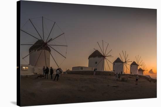 View of the windmills in Mykonos Town at sunset, Mykonos, Cyclades Islands, Aegean Sea-Frank Fell-Stretched Canvas