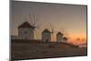 View of the windmills in Mykonos Town at sunset, Mykonos, Cyclades Islands, Aegean Sea-Frank Fell-Mounted Premium Photographic Print