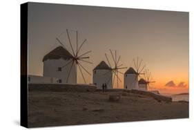 View of the windmills in Mykonos Town at sunset, Mykonos, Cyclades Islands, Aegean Sea-Frank Fell-Stretched Canvas