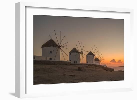 View of the windmills in Mykonos Town at sunset, Mykonos, Cyclades Islands, Aegean Sea-Frank Fell-Framed Photographic Print