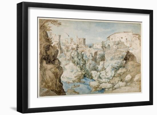 View of Tivoli with the Temple of the Tiburtine Sibyl and the Falls (Pen and Ink with Brown and Blu-Sebastian Vrancx-Framed Giclee Print