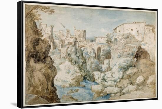 View of Tivoli with the Temple of the Tiburtine Sibyl and the Falls (Pen and Ink with Brown and Blu-Sebastian Vrancx-Framed Stretched Canvas