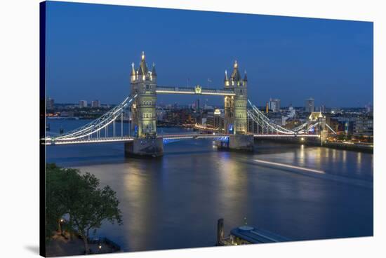 View of Tower Bridge and River Thames from Cheval Three Quays at dusk, London, England-Frank Fell-Stretched Canvas