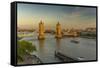 View of Tower Bridge and River Thames from Cheval Three Quays at sunset, London, England-Frank Fell-Framed Stretched Canvas