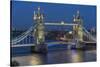 View of Tower Bridge from Cheval Three Quays at dusk, London, England, United Kingdom, Europe-Frank Fell-Stretched Canvas