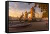View of Tower Bridge, Girl with Dolphin, The Shard and River Thames at sunrise, London-Frank Fell-Framed Stretched Canvas